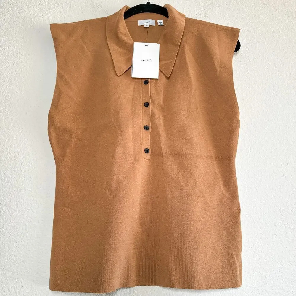 A.L.C. Taylor Knit Polo Collared Sleeveless Sweater Top Tan Size XL